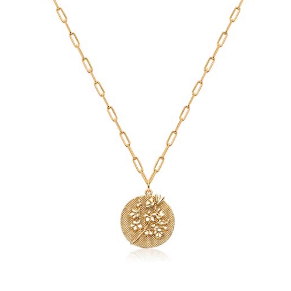 Fettero Coin Necklace Gold Disc Flower Cherry Blossom Medal Pendant